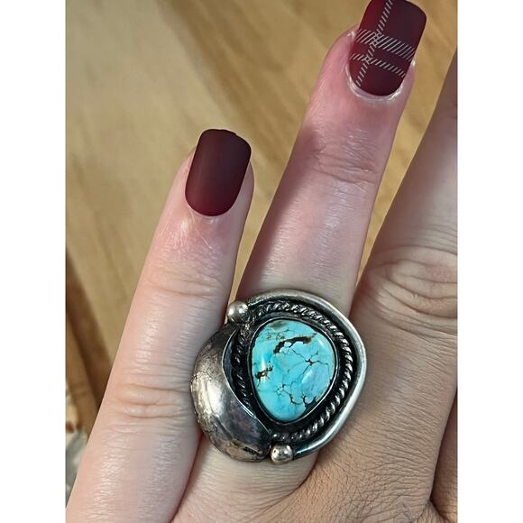 Vintage Blue Turquoise Leaf Ring, Sterling Silver Native American Ring Sz 5.5 - Picture 2 of 10